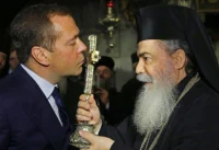 Dmitrij Medveděv při návštěvě kostela Božího hrobu v Jeruzalémě (foto: Dmitrij Astakhov/RIA Novosti)